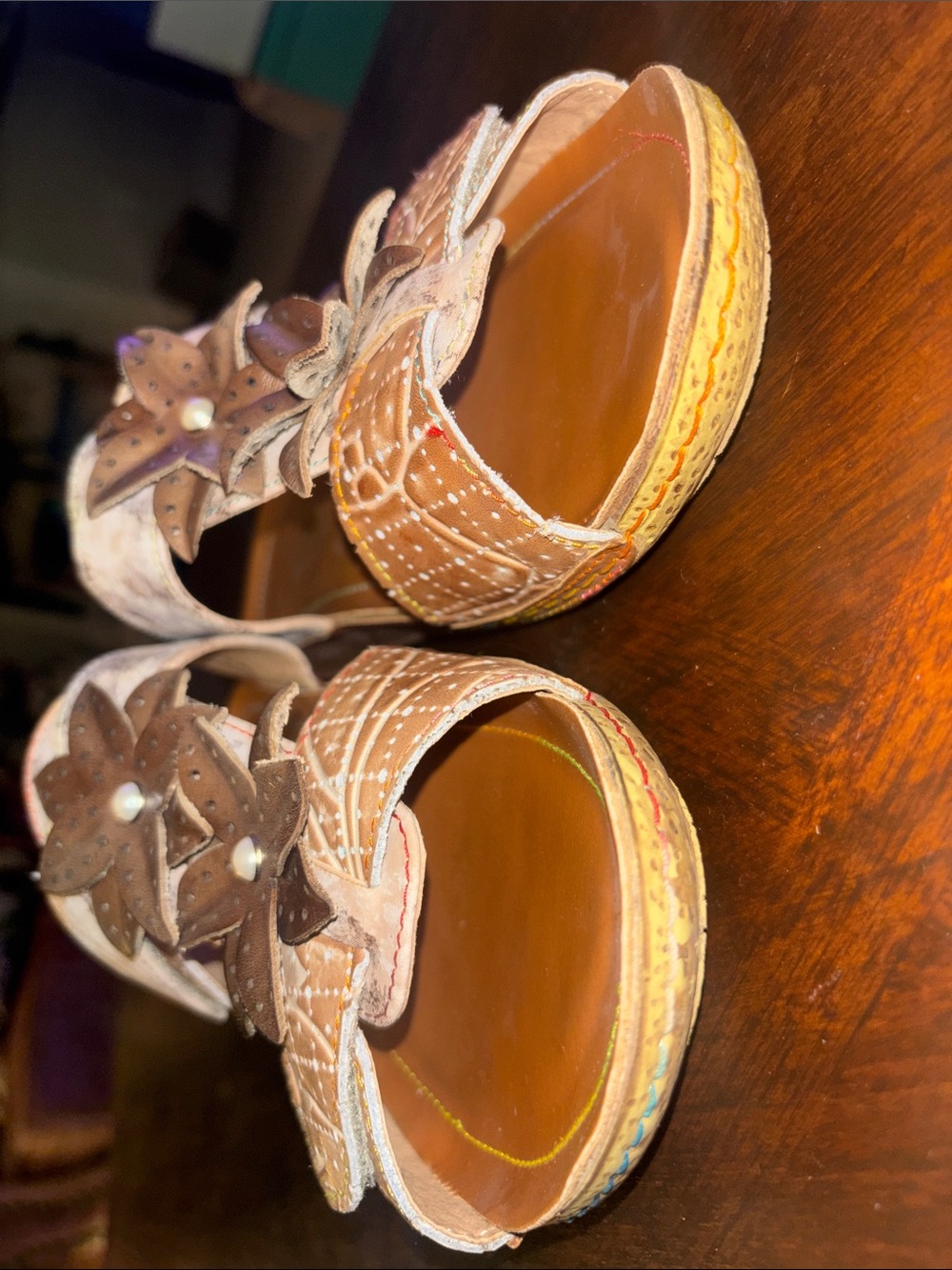 Casual Brown Floral Pearl-Accent Slide Sandals - Picture 6 of 7